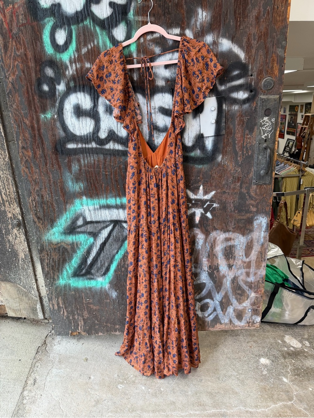 Jen’s Pirate Booty Rust Floral Maxi Boho Dress with Deep V-Neck OBO Glitter Gold - Picture 5 of 13